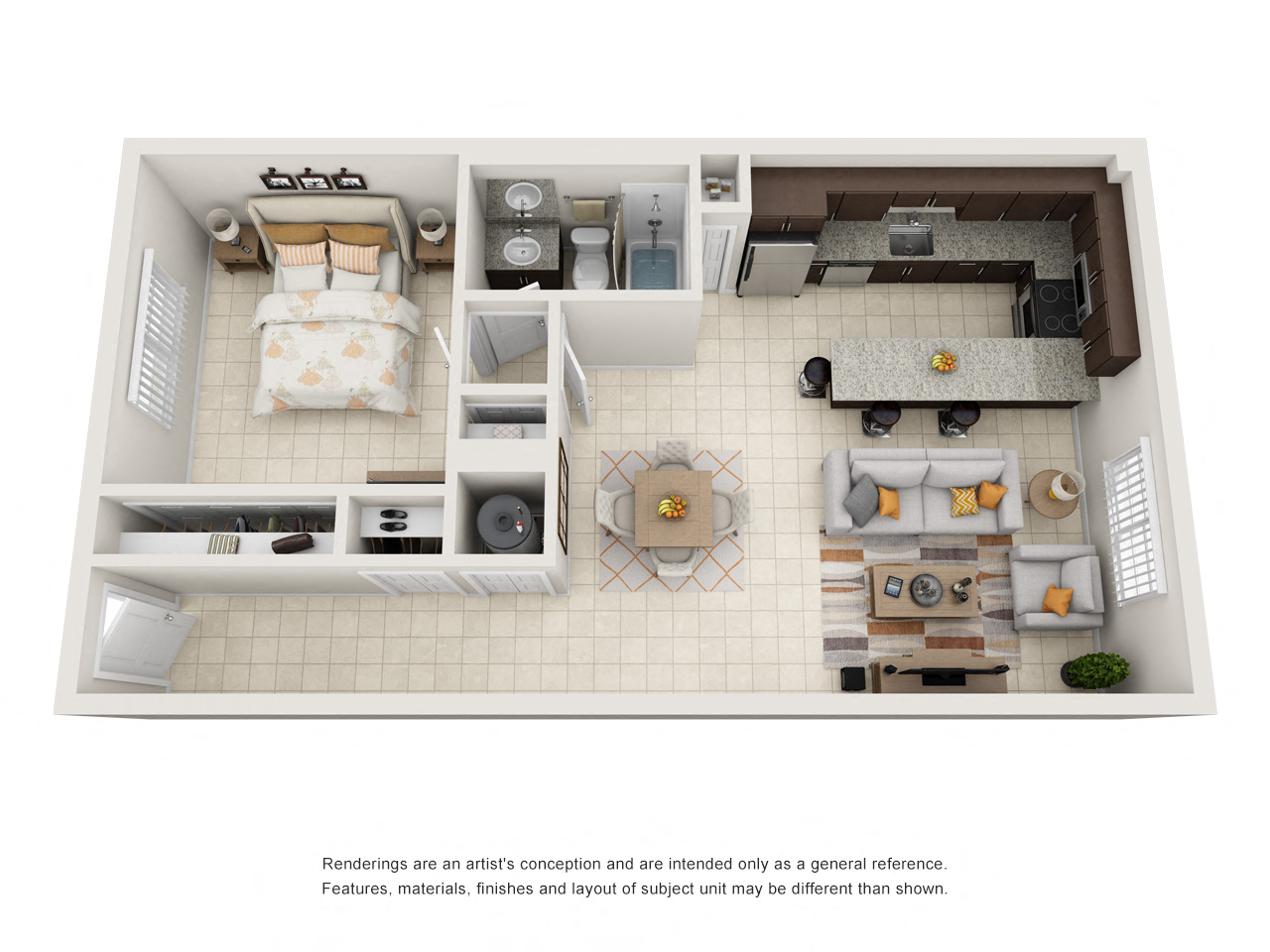 Floor plan for 1 bed, 1 bath, 766 sqft